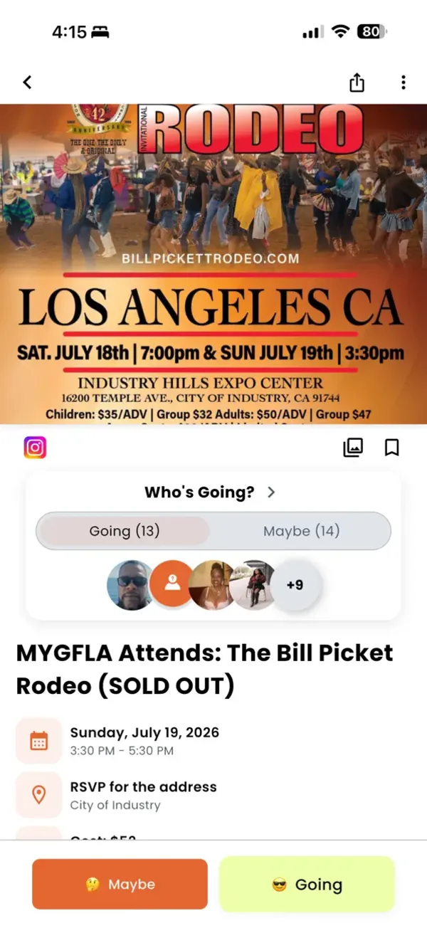 A JoinLinks event page: the event flyer, a “Who’s Going?” panel with Going and Maybe tabs and a row of attendee avatars, the event title, date, time and location, and Maybe and Going buttons fixed across the bottom.