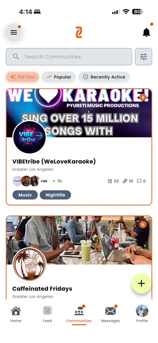 The Communities tab: a Search Communities field, filter tabs for For You, Popular and Recently Active, and community cards showing a banner, a circular logo, the community name, its Greater Los Angeles area and topic tags.